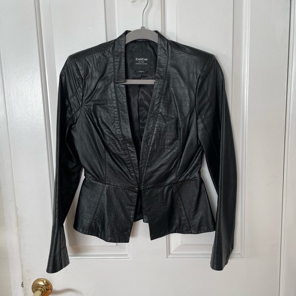 bebe Jackets & Blazers - New Bebe Women's peplum black  genuine leather blazer jacket XS